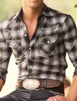 Best OUKU Men's Plaid Shirt Western Shirt Cowboy Shirt Long Sleeve Vintage Western Style Daily Wear Going out Weekend Fall & Winter Turndown Pocket Print Button-Down Black Burgundy Khaki Gray