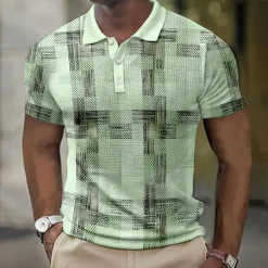 New OUKU Men's Plaid Waffle Polo Shirts Golf Shirt Short Sleeve Polo Shirts Collared Shirts Vintage Casual Vacation Wear Formal Wear Festival Wear Buttons 3D Print Blue Green Khaki