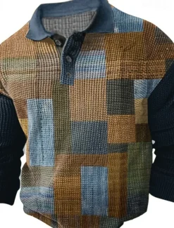 Hot OUKU Men's Plaid Waffle Polo Shirts Golf Shirt Long Sleeve Polo Shirts Collared Shirts Vintage Casual Vacation Wear Formal Wear Festival Wear Buttons 3D Print Fall & Winter Black Yellow Brown