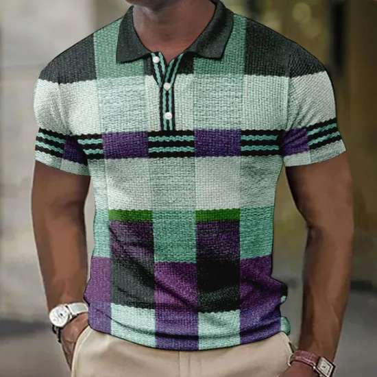 Sale OUKU Men's Plaid Waffle Polo Shirts Golf Shirt Short Sleeve Polo Shirts Collared Shirts Vintage Casual Vacation Wear Formal Wear Festival Wear Buttons 3D Print Yellow Light Green Blue