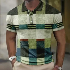 Sale OUKU Men's Plaid Waffle Polo Shirts Golf Shirt Short Sleeve Polo Shirts Collared Shirts Vintage Casual Vacation Wear Formal Wear Festival Wear Buttons 3D Print Yellow Light Green Blue