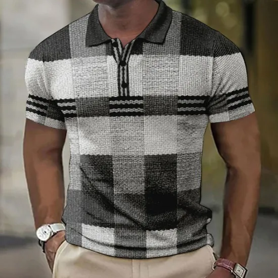Sale OUKU Men's Plaid Waffle Polo Shirts Golf Shirt Short Sleeve Polo Shirts Collared Shirts Vintage Casual Vacation Wear Formal Wear Festival Wear Buttons 3D Print Yellow Light Green Blue