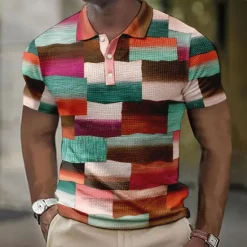 Discount OUKU Men's Plaid Waffle Polo Shirts Golf Shirt Short Sleeve Polo Shirts Collared Shirts Vintage Casual Vacation Wear Formal Wear Festival Wear Buttons 3D Print Yellow Pink Blue