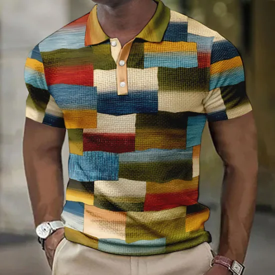 Discount OUKU Men's Plaid Waffle Polo Shirts Golf Shirt Short Sleeve Polo Shirts Collared Shirts Vintage Casual Vacation Wear Formal Wear Festival Wear Buttons 3D Print Yellow Pink Blue
