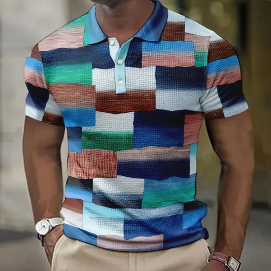 Discount OUKU Men's Plaid Waffle Polo Shirts Golf Shirt Short Sleeve Polo Shirts Collared Shirts Vintage Casual Vacation Wear Formal Wear Festival Wear Buttons 3D Print Yellow Pink Blue