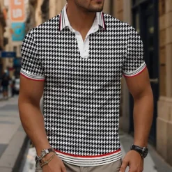 Sale OUKU Men's Plaid Waffle Polo Shirts Golf Shirt Short Sleeve Polo Shirts Collared Shirts Vintage Casual Vacation Wear Formal Wear Festival Wear Buttons 3D Print Summer Black Khaki