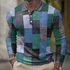Online OUKU Men's Plaid Waffle Polo Shirts Golf Shirt Long Sleeve Polo Shirts Collared Shirts Vintage Casual Vacation Wear Formal Wear Festival Wear Buttons 3D Print Blue-Green Yellow Blue