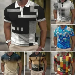 New OUKU Men's Plaid Waffle Polo Shirts Golf Shirt Short Sleeve Polo Shirts Collared Shirts Vintage Casual Vacation Wear Formal Wear Festival Wear Buttons 3D Print Light Yellow Light Pink Black-White