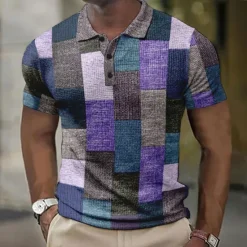 New OUKU Men's Plaid Waffle Polo Shirts Golf Shirt Short Sleeve Polo Shirts Collared Shirts Vintage Casual Vacation Wear Formal Wear Festival Wear Buttons 3D Print Light Yellow Light Pink Black-White
