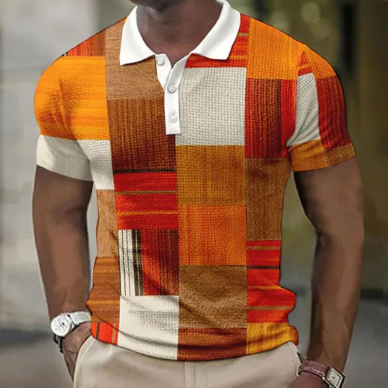 New OUKU Men's Plaid Waffle Polo Shirts Golf Shirt Short Sleeve Polo Shirts Collared Shirts Vintage Casual Vacation Wear Formal Wear Festival Wear Buttons 3D Print Light Yellow Light Pink Black-White