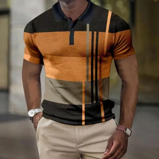 New OUKU Men's Plaid Waffle Polo Shirts Golf Shirt Short Sleeve Polo Shirts Collared Shirts Vintage Casual Vacation Wear Formal Wear Festival Wear Buttons 3D Print Light Yellow Light Pink Black-White