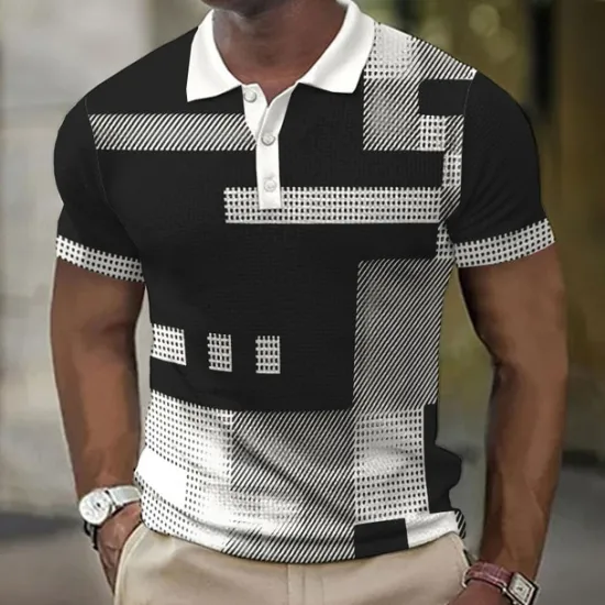 New OUKU Men's Plaid Waffle Polo Shirts Golf Shirt Short Sleeve Polo Shirts Collared Shirts Vintage Casual Vacation Wear Formal Wear Festival Wear Buttons 3D Print Light Yellow Light Pink Black-White