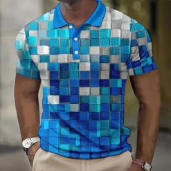 New OUKU Men's Plaid Waffle Polo Shirts Golf Shirt Short Sleeve Polo Shirts Collared Shirts Vintage Casual Vacation Wear Formal Wear Festival Wear Buttons 3D Print Light Yellow Light Pink Black-White