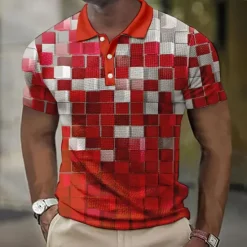 New OUKU Men's Plaid Waffle Polo Shirts Golf Shirt Short Sleeve Polo Shirts Collared Shirts Vintage Casual Vacation Wear Formal Wear Festival Wear Buttons 3D Print Light Yellow Light Pink Black-White