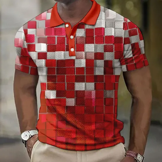 New OUKU Men's Plaid Waffle Polo Shirts Golf Shirt Short Sleeve Polo Shirts Collared Shirts Vintage Casual Vacation Wear Formal Wear Festival Wear Buttons 3D Print Light Yellow Light Pink Black-White