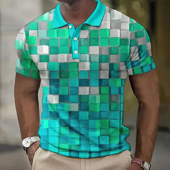 New OUKU Men's Plaid Waffle Polo Shirts Golf Shirt Short Sleeve Polo Shirts Collared Shirts Vintage Casual Vacation Wear Formal Wear Festival Wear Buttons 3D Print Light Yellow Light Pink Black-White