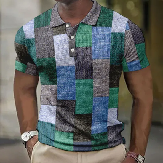 New OUKU Men's Plaid Waffle Polo Shirts Golf Shirt Short Sleeve Polo Shirts Collared Shirts Vintage Casual Vacation Wear Formal Wear Festival Wear Buttons 3D Print Light Yellow Light Pink Black-White