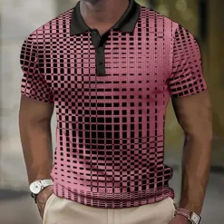 New OUKU Men's Plaid Waffle Polo Shirts Golf Shirt Short Sleeve Polo Shirts Collared Shirts Vintage Casual Vacation Wear Formal Wear Festival Wear Buttons 3D Print Light Yellow Light Pink Black-White