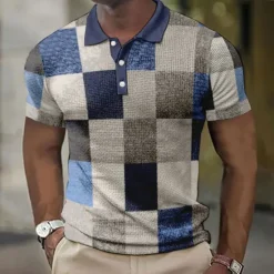 New OUKU Men's Plaid Waffle Polo Shirts Golf Shirt Short Sleeve Polo Shirts Collared Shirts Vintage Casual Vacation Wear Formal Wear Festival Wear Buttons 3D Print Light Yellow Light Pink Black-White