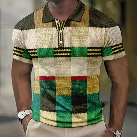 New OUKU Men's Plaid Waffle Polo Shirts Golf Shirt Short Sleeve Polo Shirts Collared Shirts Vintage Casual Vacation Wear Formal Wear Festival Wear Buttons 3D Print Light Yellow Light Pink Black-White