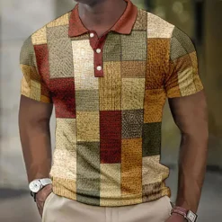 New OUKU Men's Plaid Waffle Polo Shirts Golf Shirt Short Sleeve Polo Shirts Collared Shirts Vintage Casual Vacation Wear Formal Wear Festival Wear Buttons 3D Print Light Yellow Light Pink Black-White