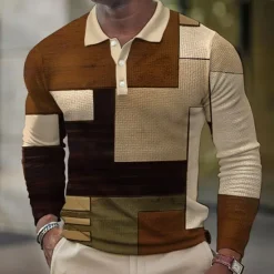 Online OUKU Men's Plaid Waffle Polo Shirts Golf Shirt Long Sleeve Polo Shirts Collared Shirts Vintage Casual Vacation Wear Formal Wear Festival Wear Buttons 3D Print Spring Fall Winter Brown