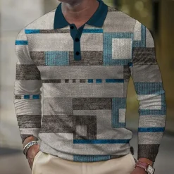New OUKU Men's Plaid Waffle Polo Shirts Golf Shirt Long Sleeve Polo Shirts Collared Shirts Vintage Casual Vacation Wear Formal Wear Festival Wear Buttons 3D Print Spring Fall Winter Gray