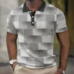 Discount OUKU Men's Plaid Waffle Polo Shirts Golf Shirt Short Sleeve Polo Shirts Collared Shirts Vintage Casual Vacation Wear Formal Wear Festival Wear Buttons 3D Print White Pink Blue
