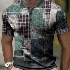 New OUKU Men's Plaid Waffle Polo Shirts Golf Shirt Short Sleeve Polo Shirts Collared Shirts Vintage Casual Vacation Wear Formal Wear Festival Wear Buttons 3D Print Blue Green Khaki