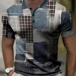 New OUKU Men's Plaid Waffle Polo Shirts Golf Shirt Short Sleeve Polo Shirts Collared Shirts Vintage Casual Vacation Wear Formal Wear Festival Wear Buttons 3D Print Blue Green Khaki