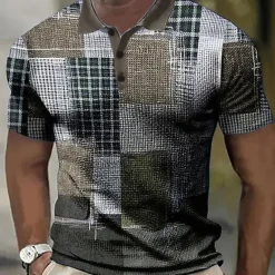 New OUKU Men's Plaid Waffle Polo Shirts Golf Shirt Short Sleeve Polo Shirts Collared Shirts Vintage Casual Vacation Wear Formal Wear Festival Wear Buttons 3D Print Blue Green Khaki
