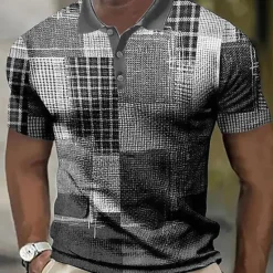 New OUKU Men's Plaid Waffle Polo Shirts Golf Shirt Short Sleeve Polo Shirts Collared Shirts Vintage Casual Vacation Wear Formal Wear Festival Wear Buttons 3D Print Blue Green Khaki