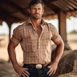Sale OUKU Men's Plaid Western Shirt Button Up Shirt Cowboy Shirt Short Sleeve Vintage Sports Fashion Daily Summer Spring Turndown Collared Shirts 3D Print Front Pocket Khaki