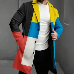 Sale OUKU Men's Plaid Winter Coat Fleece Jacket Overcoat Thermal Comfortable Business Casual Formal Daily Wear Buttons 3D Print Front Pocket Winter Turndown Long Sleeve Yellow Red Multi Color