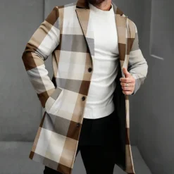 OUKU Men's Plaid Winter Coat Fleece Jacket Overcoat Thermal Comfortable Business Casual Formal Daily Wear Buttons 3D Print Front Pocket Winter Turndown Long Sleeve Brown