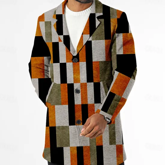 Sale OUKU Men's Plaid Winter Coat Fleece Jacket Overcoat Thermal Comfortable Casual Street Outdoor clothing Daily Wear Buttons 3D Print Front Pocket Winter Turndown Long Sleeve Orange