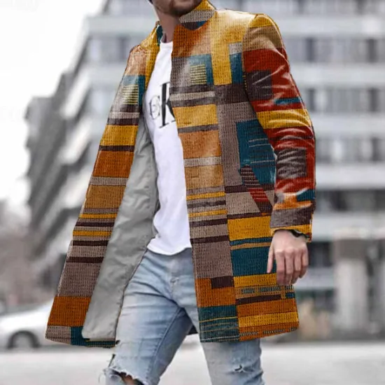 Online OUKU Men's Plaid Winter Coat Fleece Jacket Overcoat Thermal Comfortable Vintage Business Casual Party Evening Wear Daily Wear Buttons 3D Print Front Pocket Winter Turndown Long Sleeve Brown