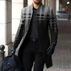 Clearance OUKU Men's Plaid Winter Coat Overcoat Coat Warm Breathable Comfortable Business Casual Work Wear to work Going out Pocket Print Fall & Winter Stand Collar Long Sleeve Blue Brown Gray