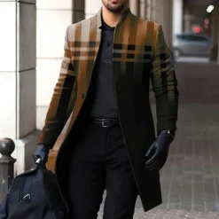 Clearance OUKU Men's Plaid Winter Coat Overcoat Coat Warm Breathable Comfortable Business Casual Work Wear to work Going out Pocket Print Fall & Winter Stand Collar Long Sleeve Blue Brown Gray