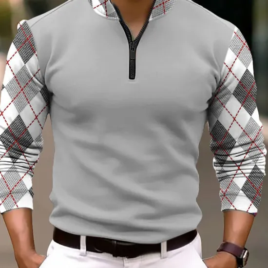 New OUKU Men's Plaid Zip Polo Long Sleeve Polo Shirts Zip Business Outdoor Casual Daily Streetwear 3D Print Fall & Winter Black White Dark Navy