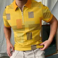 Clearance OUKU Men's Plaid Zip Polo Shirts Golf Shirt Short Sleeve Polo Shirts Collared Shirts Vintage Casual Vacation Wear Formal Wear Festival Wear 3D Print Quarter Zip Polo Summer Yellow+Orange Yellow