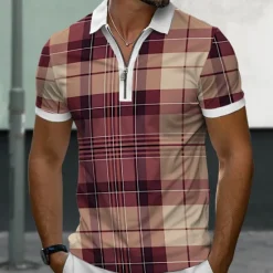 Sale OUKU Men's Plaid Zip Polo Shirts Golf Shirt Short Sleeve Polo Shirts Collared Shirts Casual Vacation Wear Formal Wear Festival Wear 3D Print Quarter Zip Polo Summer Wine Purple
