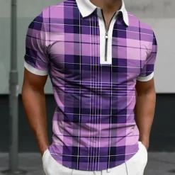 Sale OUKU Men's Plaid Zip Polo Shirts Golf Shirt Short Sleeve Polo Shirts Collared Shirts Casual Vacation Wear Formal Wear Festival Wear 3D Print Quarter Zip Polo Summer Wine Purple