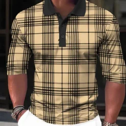OUKU Men's Plaid Zip Polo Shirts Golf Shirt Long Sleeve Polo Shirts Collared Shirts Casual Vacation Wear Formal Wear Festival Wear 3D Print Quarter Zip Polo Spring & Summer White Green Khaki