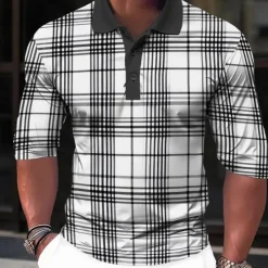 OUKU Men's Plaid Zip Polo Shirts Golf Shirt Long Sleeve Polo Shirts Collared Shirts Casual Vacation Wear Formal Wear Festival Wear 3D Print Quarter Zip Polo Spring & Summer White Green Khaki