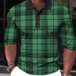 OUKU Men's Plaid Zip Polo Shirts Golf Shirt Long Sleeve Polo Shirts Collared Shirts Casual Vacation Wear Formal Wear Festival Wear 3D Print Quarter Zip Polo Spring & Summer White Green Khaki