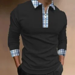 Outlet OUKU Men's Plaid Zip Polo Shirts Golf Shirt Long Sleeve Polo Shirts Collared Shirts WorkWear Formal Wear Festival Wear 3D Print Quarter Zip Polo Fall & Winter Black White Blue