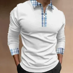 Outlet OUKU Men's Plaid Zip Polo Shirts Golf Shirt Long Sleeve Polo Shirts Collared Shirts WorkWear Formal Wear Festival Wear 3D Print Quarter Zip Polo Fall & Winter Black White Blue
