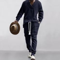 OUKU Men's Plain Basic Sweatshirts Sweatshirt Tracksuit Sweatsuit Long Sleeve Sweatshirt V Neck Streetwear Basic Casual Sports & Outdoor Daily Holiday 2 Piece Fall & Winter