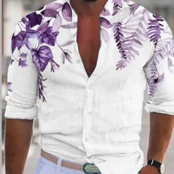 Outlet OUKU Men's Plant Shirt Linen Shirt Casual Shirt Long Sleeve Modern Contemporary Casual Hawaiian Vacation Going out Beach Summer Spring Turndown Print Button-Down Blue Purple Green Coffee